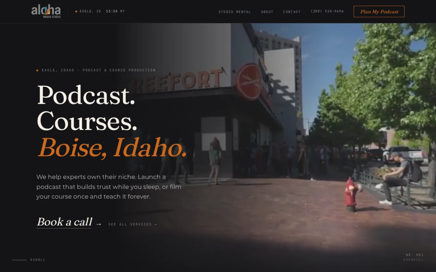 Aloha Media Studio website homepage. Cinematic dark hero for the Eagle, Idaho production studio.
