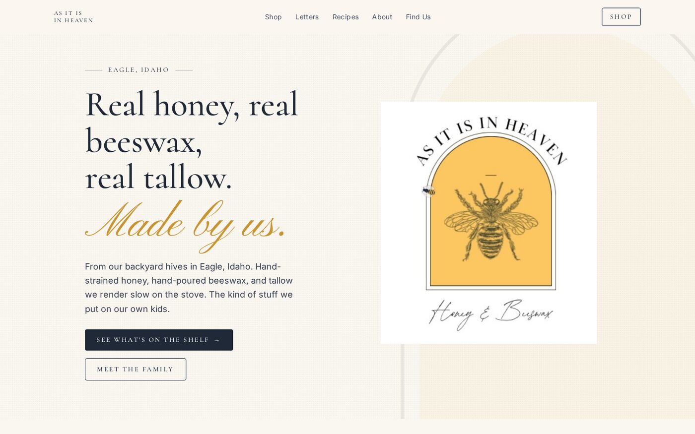 As It Is In Heaven website homepage. Editorial product site for a honey, beeswax, and tallow skincare brand.