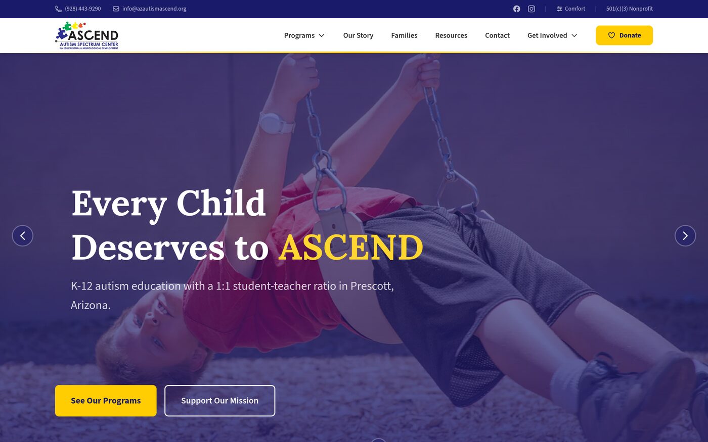 ASCEND Autism Spectrum Center website homepage. Hero reading Every Child Deserves to ASCEND over a photo of a child on a swing.