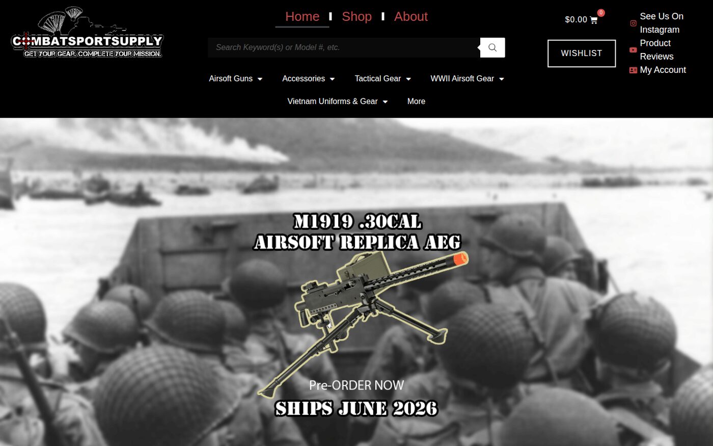 Combat Sports Supply website homepage. Online store for airsoft guns and military-replica tactical gear.
