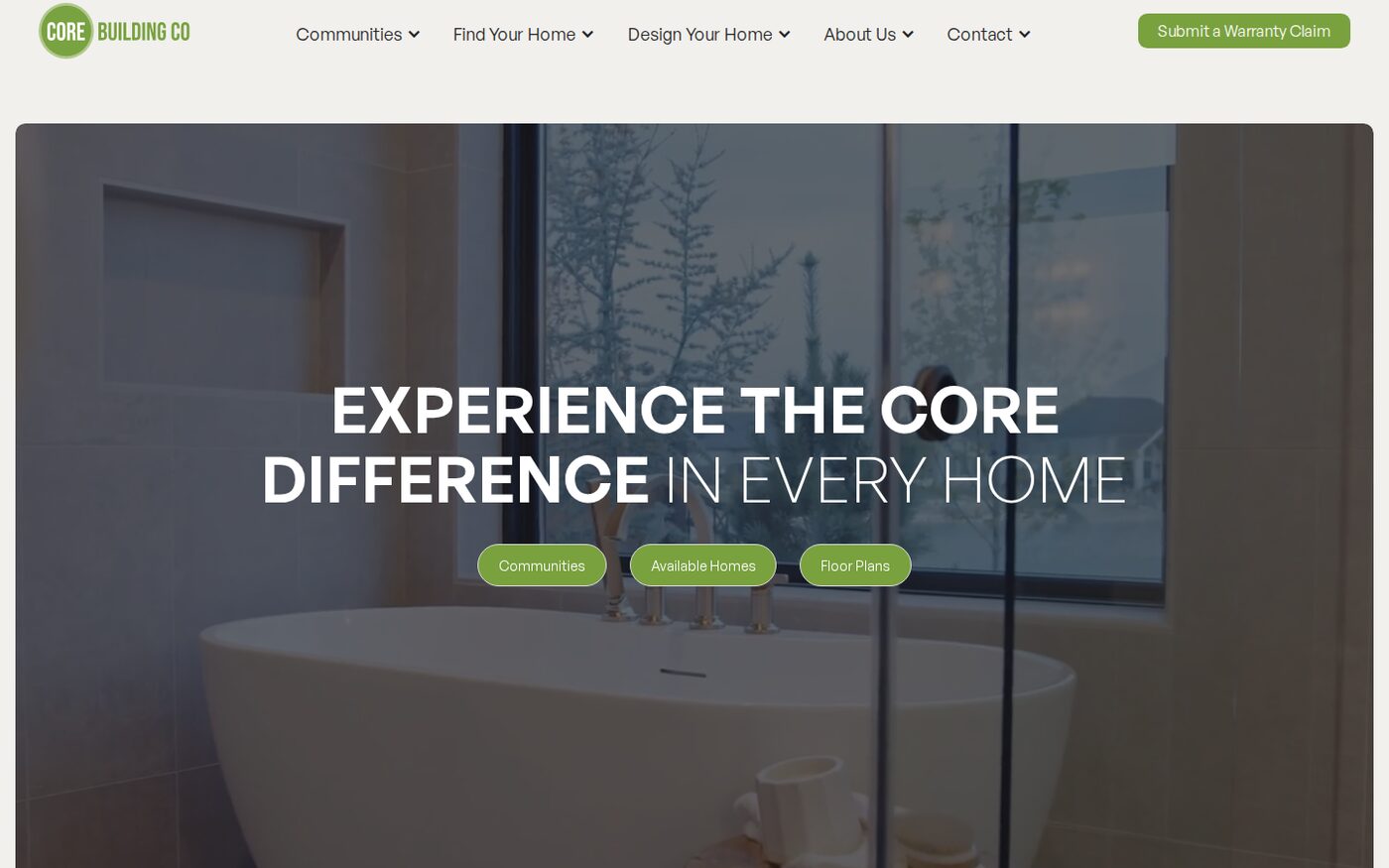 Core Building Co website homepage. Custom home builder site with a full-bleed interior photograph.