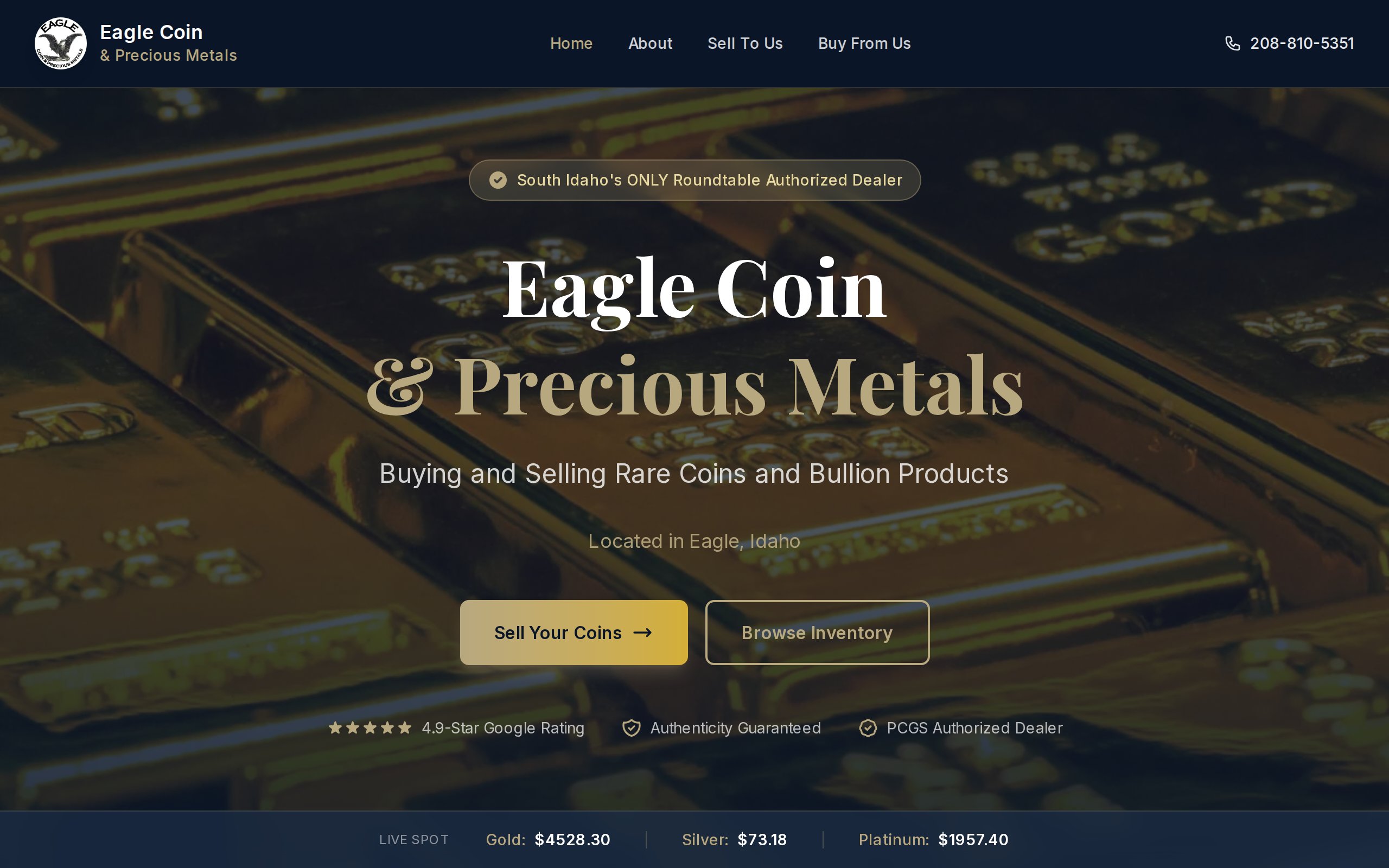 Eagle Coin and Precious Metals website homepage. Custom web design for an Idaho coin and bullion dealer.