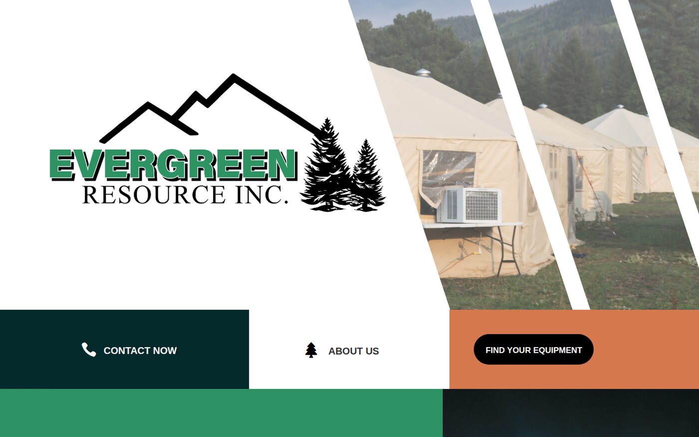 Evergreen Resource Inc website homepage. Mountain logo over a photo of canvas wall tents at a backcountry camp.