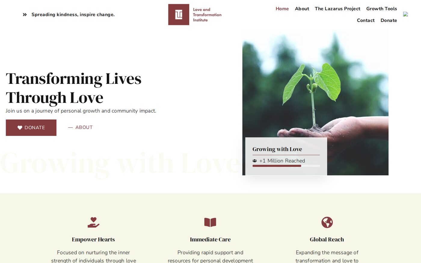 Love and Transformation Institute website homepage. Editorial layout with the headline Transforming Lives Through Love.