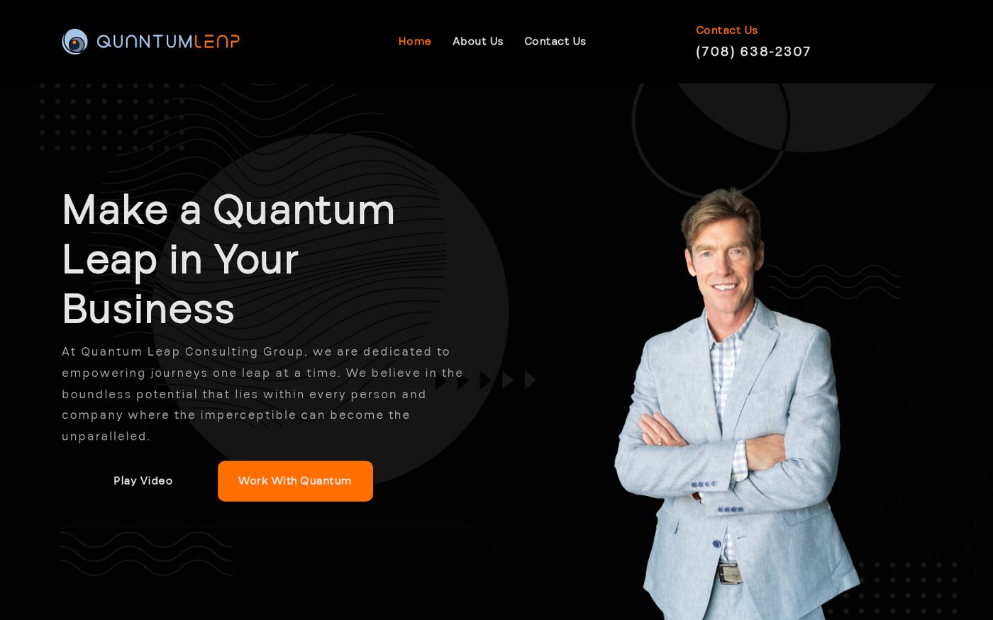 Quantum Leap Consulting website homepage. Dark theme with the headline Make a Quantum Leap in Your Business.