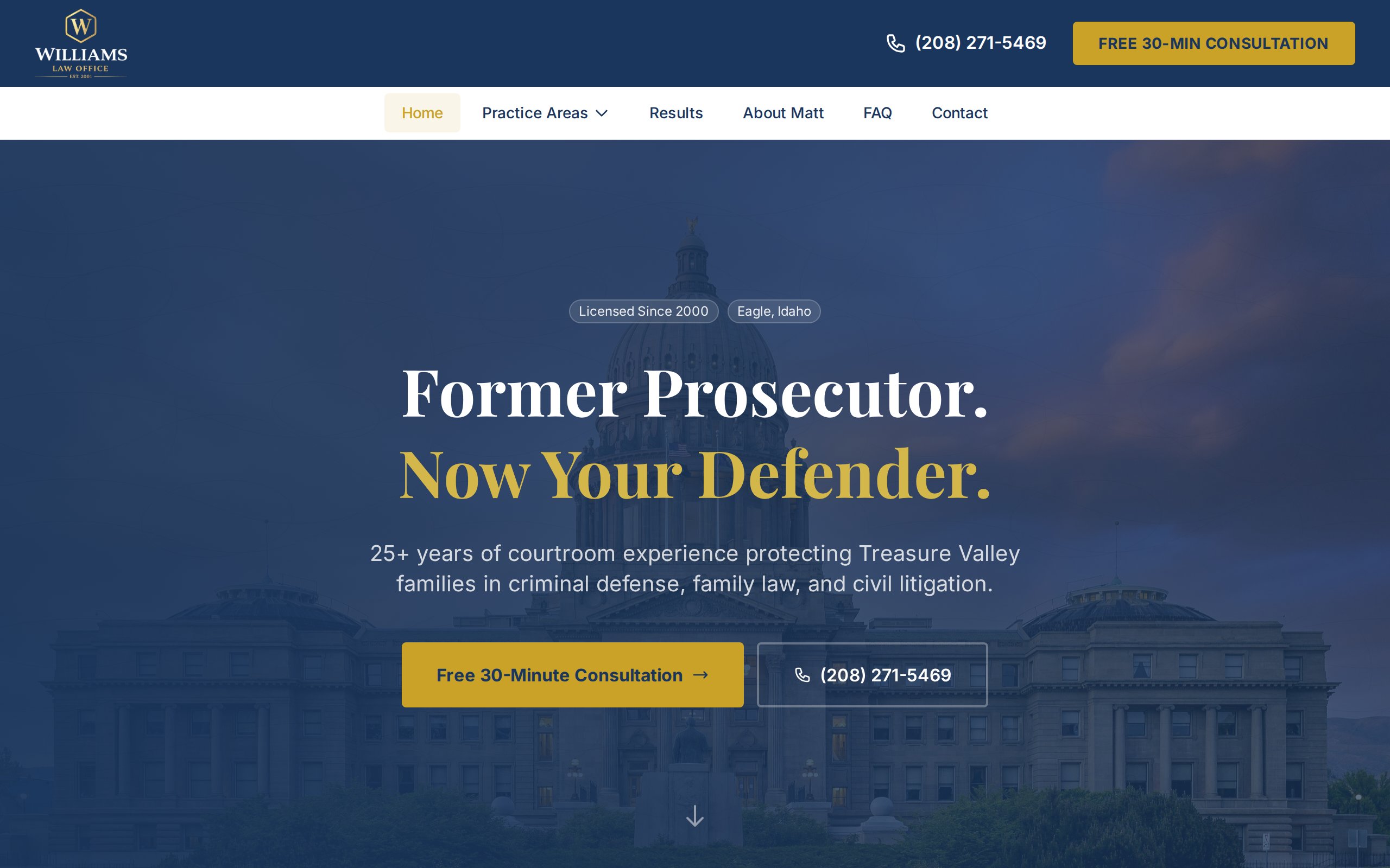 Williams Law website homepage. Custom web design for an Eagle, Idaho criminal defense and family law attorney.