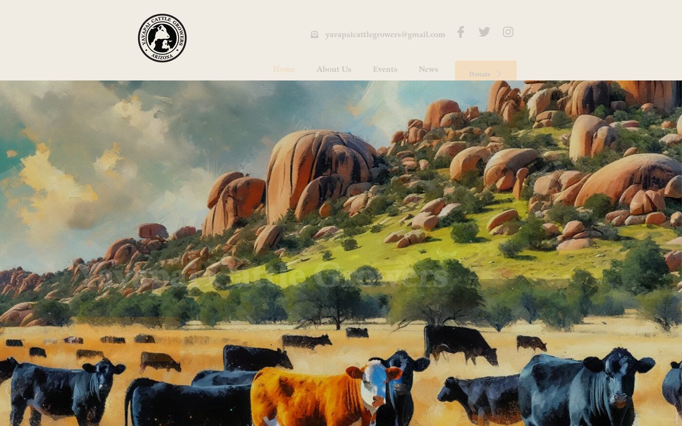 Yavapai Cattle Growers website homepage. Painterly Arizona rangeland scene with cattle grazing below granite boulders.
